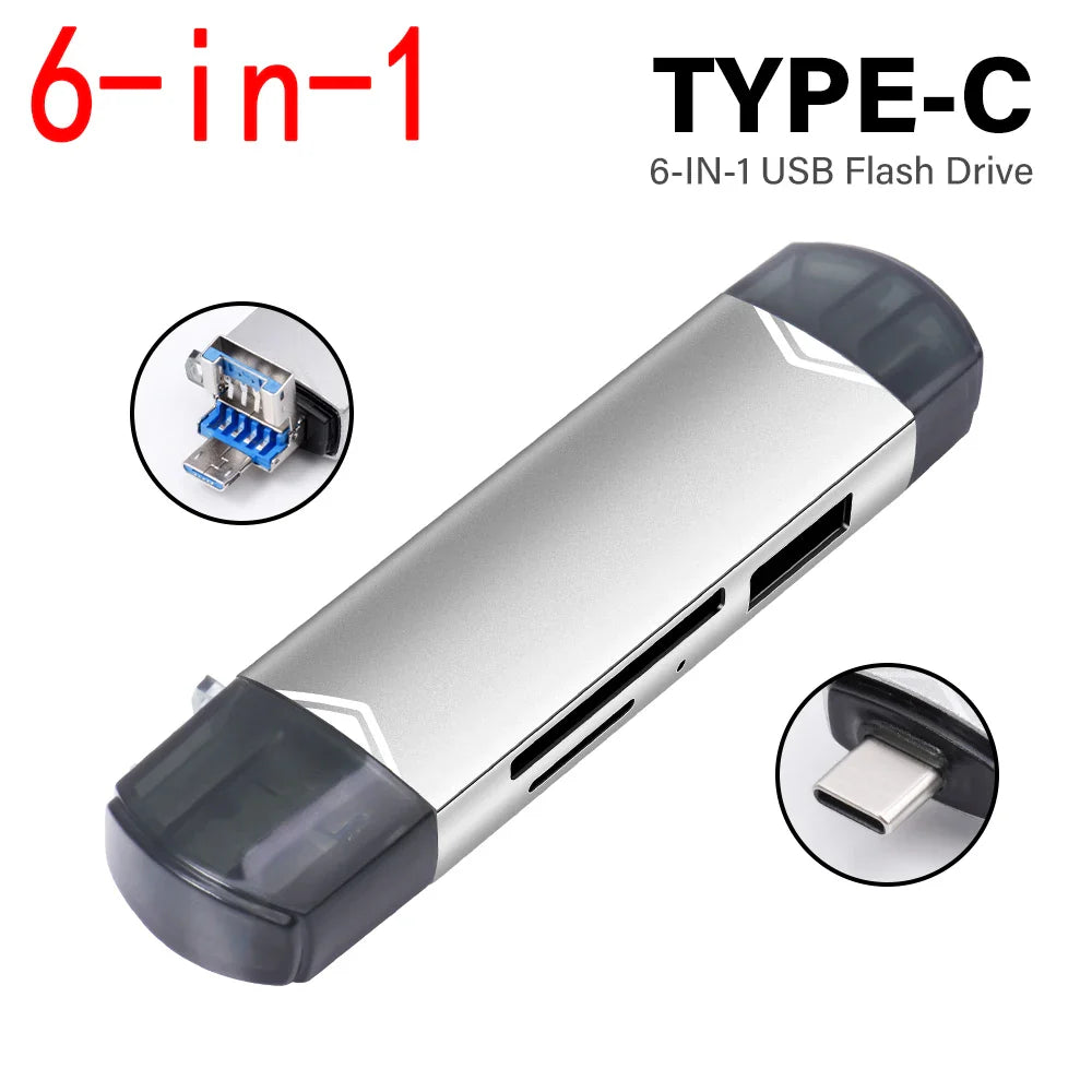 JASTER 6-in-1 USB 3.0 Card Reader – Type-C/USB TF/SD Adapter Flash Drive for Phone & Laptop