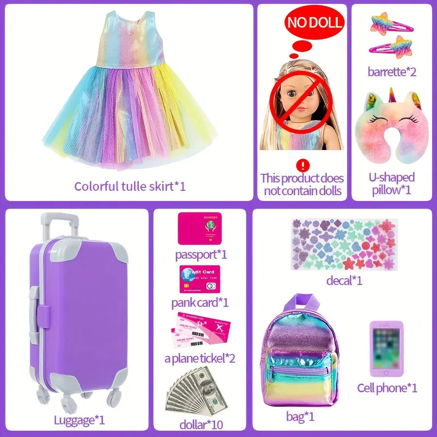18-Inch Doll Clothes & Accessories Travel Set – Includes Pillow, Unicorn Bag, Camera, Computer, Phone & Passport, Gift for Kids