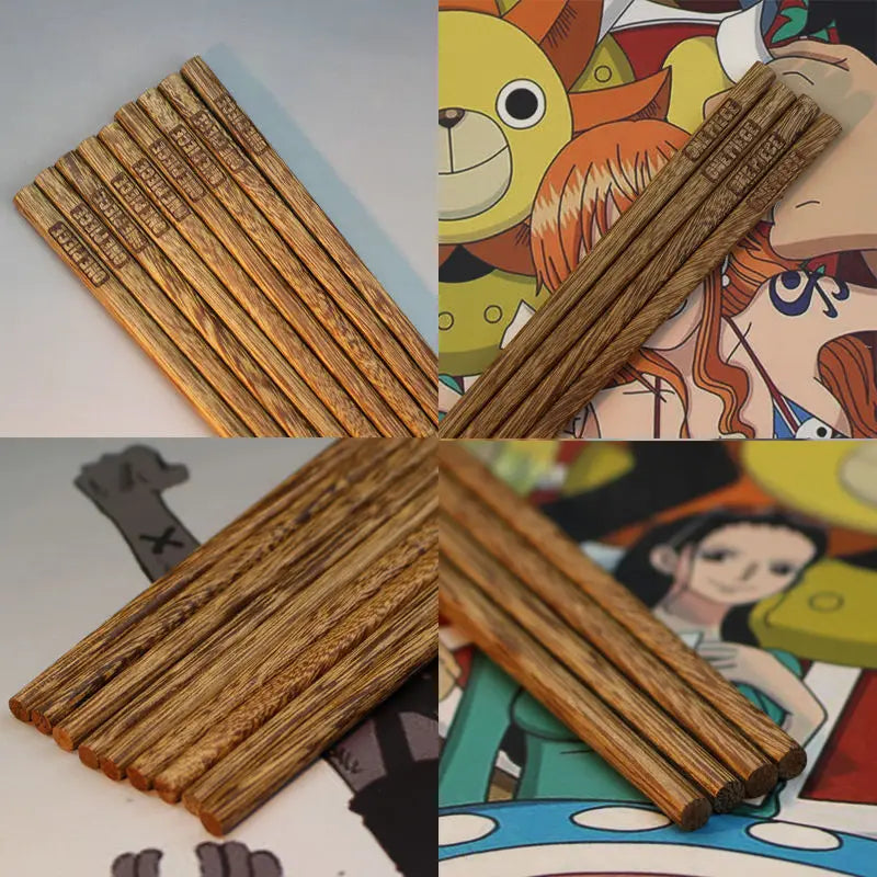 2 Pairs ONE PIECE Wooden Chopsticks β Anime Cartoon, Non-Slip, Reusable Tableware for Lunch, Sushi, with Belt Bag Accessory