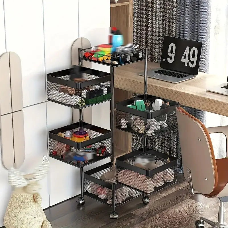 5 Tier Rotating Kitchen Storage Shelf - Metal Fruit & Vegetable Rack, Multi-Layer Trolley on Wheels