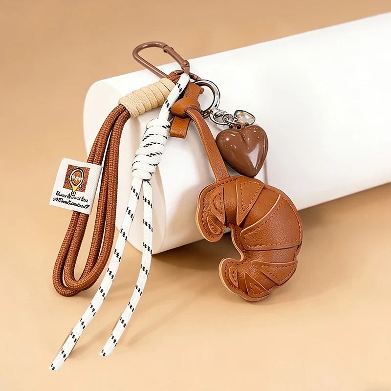 Croissant Bread Keychain - Braided Rope Heart Bag Charm & Phone Lanyard Gift