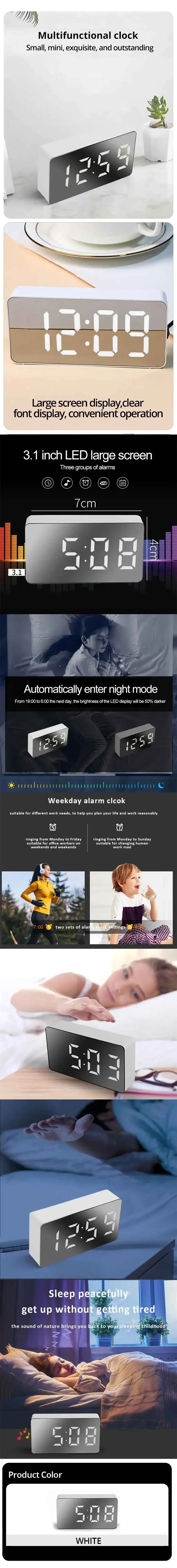 White LED Mirror Table Clock – USB Digital Alarm Clock with Snooze, Night Light & Time Display for Home Decor