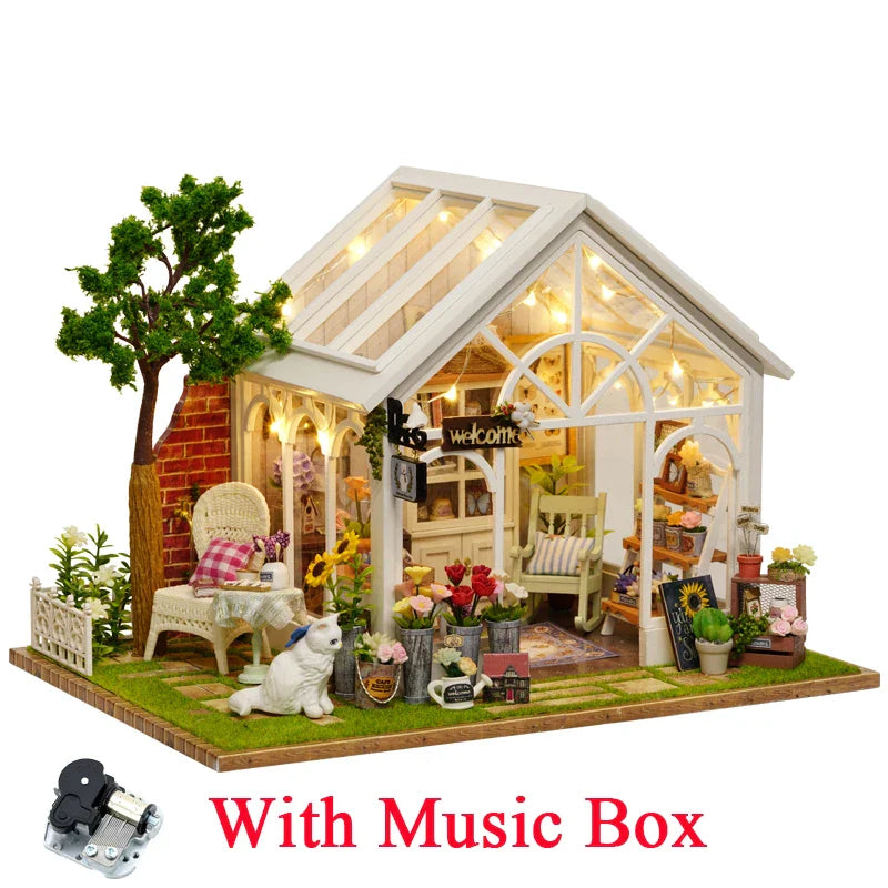 DIY Wooden Sunshine Greenhouse Cottage – Miniature Dollhouse Kit with Furniture for Friends' Gifts
