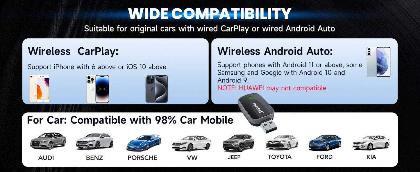 2-in-1 Wired to Wireless CarPlay & Android Auto Adapter — Plug & Play Wireless Car Multimedia Adapter