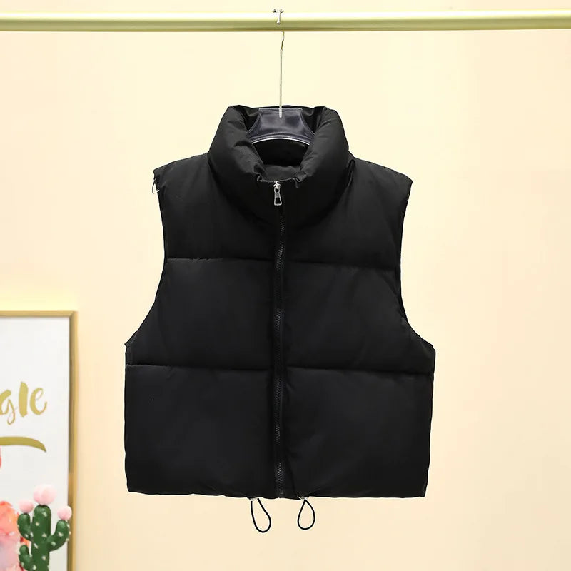 Winter Sleeveless Down Vest for Women – Warm Stand Collar, Zipper Jacket, Quilted Cropped Casual Street Outerwear