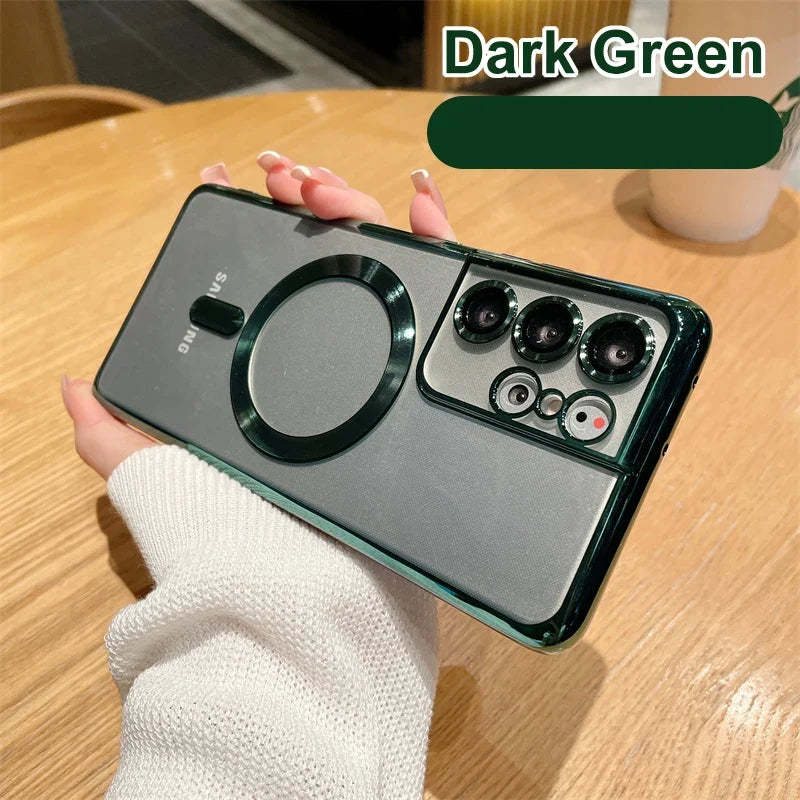 MagSafe Magnetic Plated Phone Case - 4K Glass Full Camera Protection Cover for Samsung Galaxy S24 Ultra S23 FE S22 Plus S21 Series
