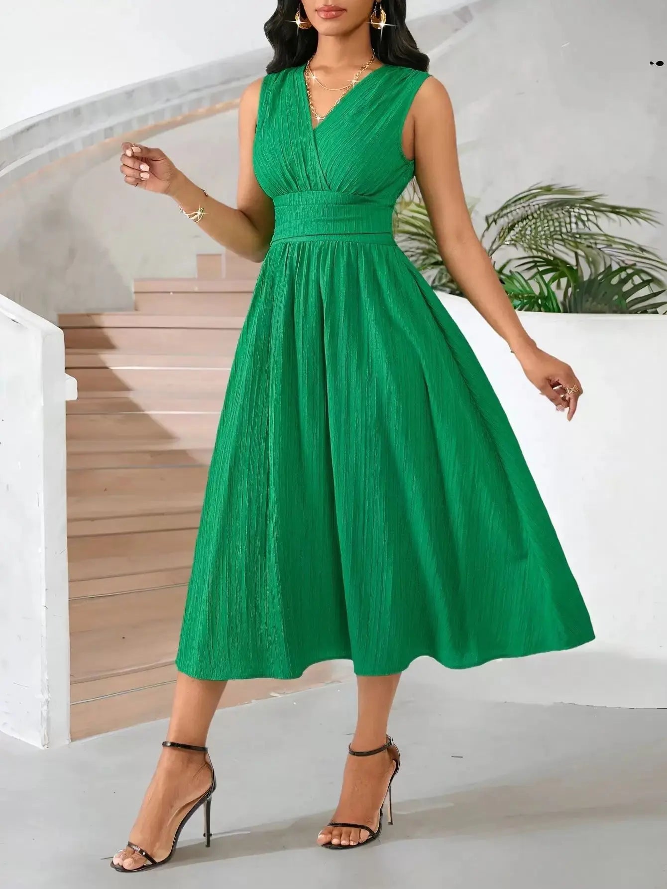 Women’s Long Sleeve Wave Pleated Dress - Elegant Summer Holiday Gathered Party Dress