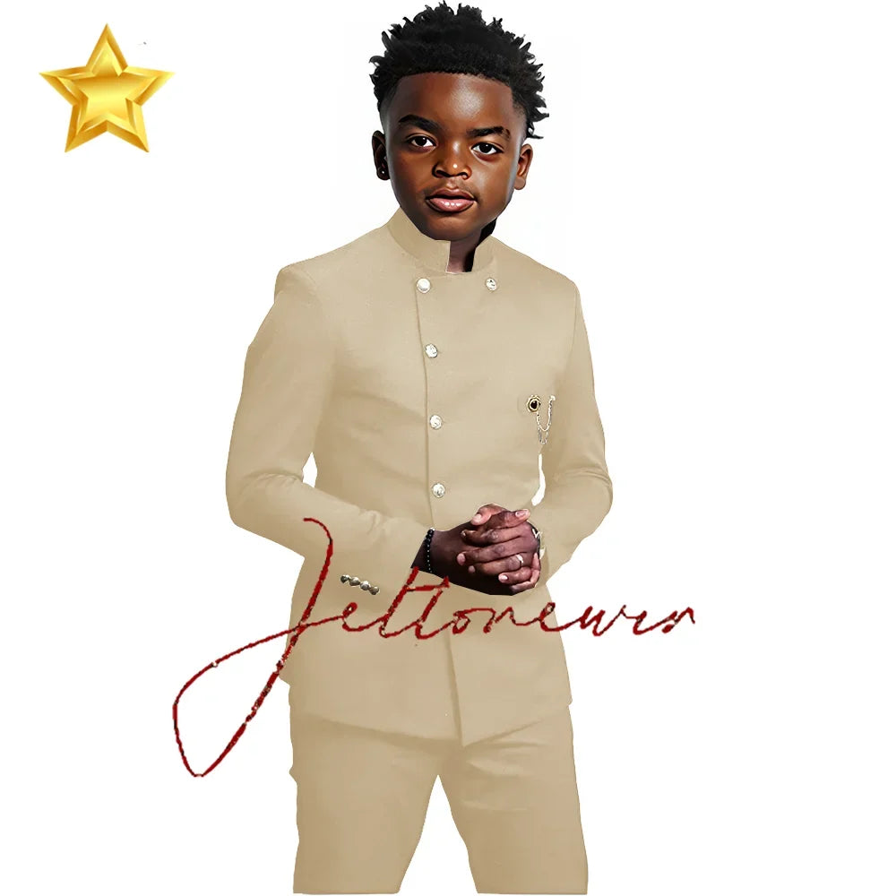 African Style Boys Suit - Stand Collar Blazer and Pants 2 Piece Casual Business Kids Formal Wear