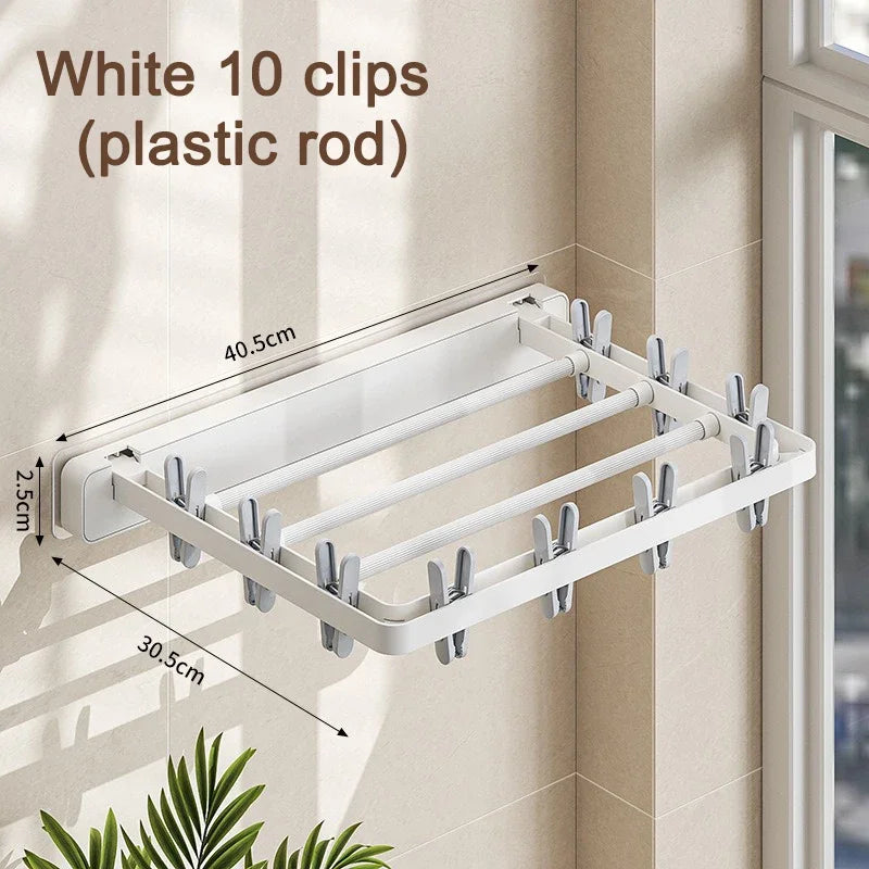 Wall-Mounted Folding Drying Rack with Windproof Sock Clips – Space-Saving Clothing Hanger for Household Laundry