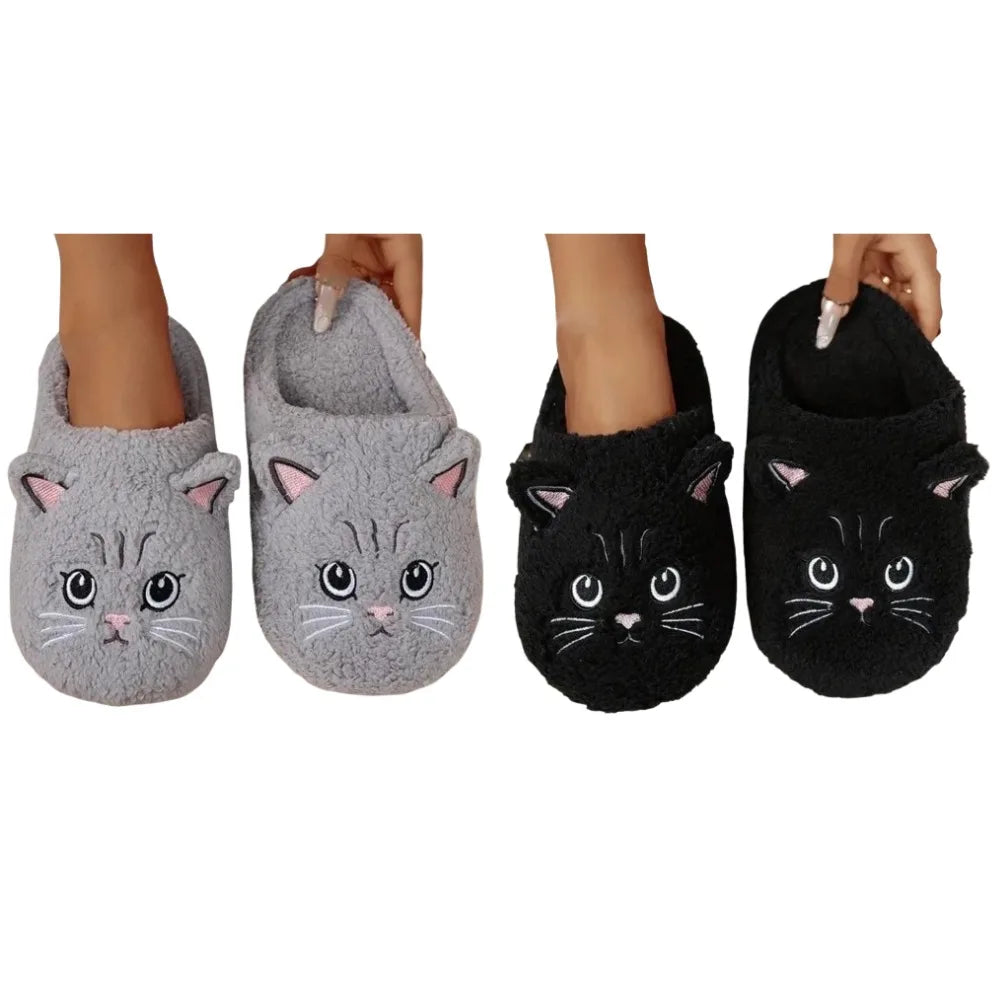 Women’s Cartoon Cat Plush Slippers - Cozy Winter Indoor House Shoes with Soft Non-Slip Warm Sole