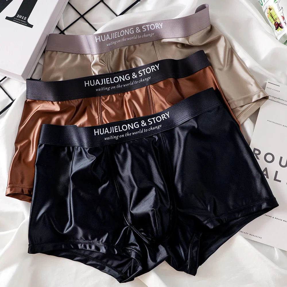 3PCS Luxury Ice Silk Satin Boxers — Summer Smooth, Cool Solid Men’s Underwear with Breathable Mesh Crotch