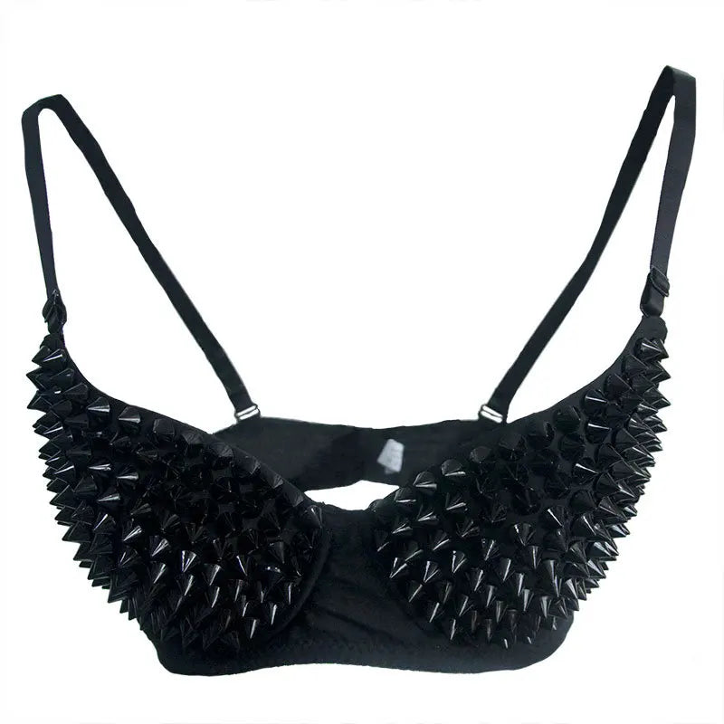 Silver Rivets Punk Rave Bralette — Gothic Sexy Push-Up Bra Top for Women