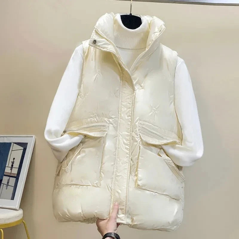 Women's Sleeveless Puffer Vest - Short Bright-Finish Winter Down Cotton Waistcoat Jacket