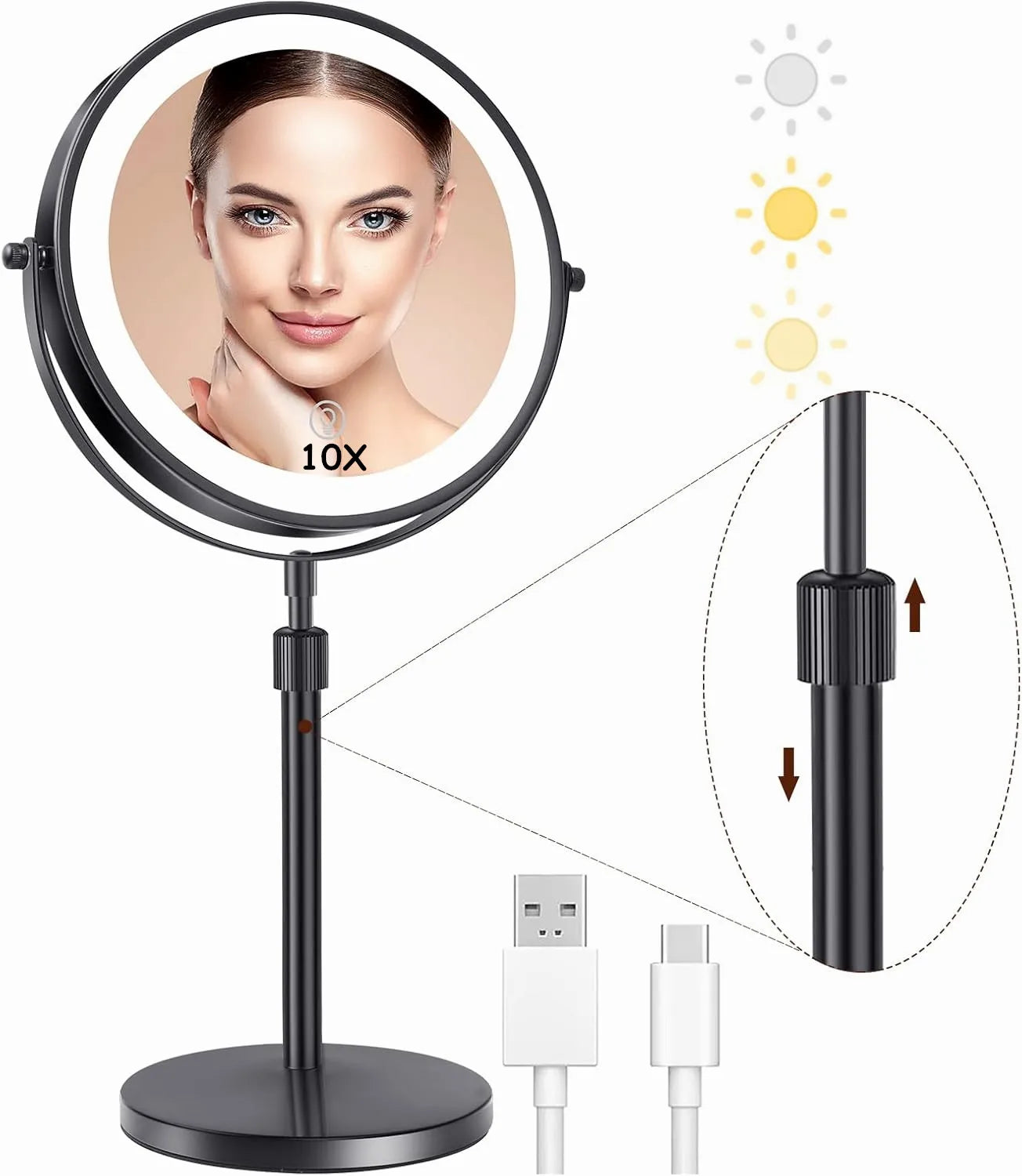8-Inch Makeup Mirror with Light – 10X Magnification, 3 Color LED, Adjustable Brightness & Height Standing Cosmetic Mirror