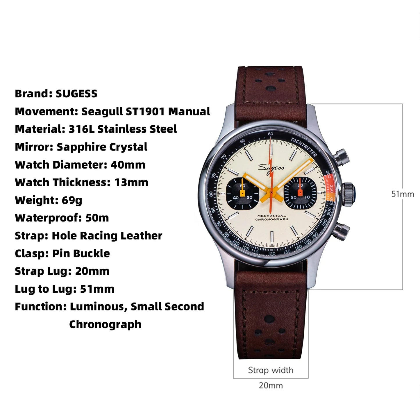 Sugess Men’s Chronograph Mechanical Watch — Tianjin ST19 Swanneck Movement, Sapphire Crystal Pilot Wristwatch, V2 Gift Edition