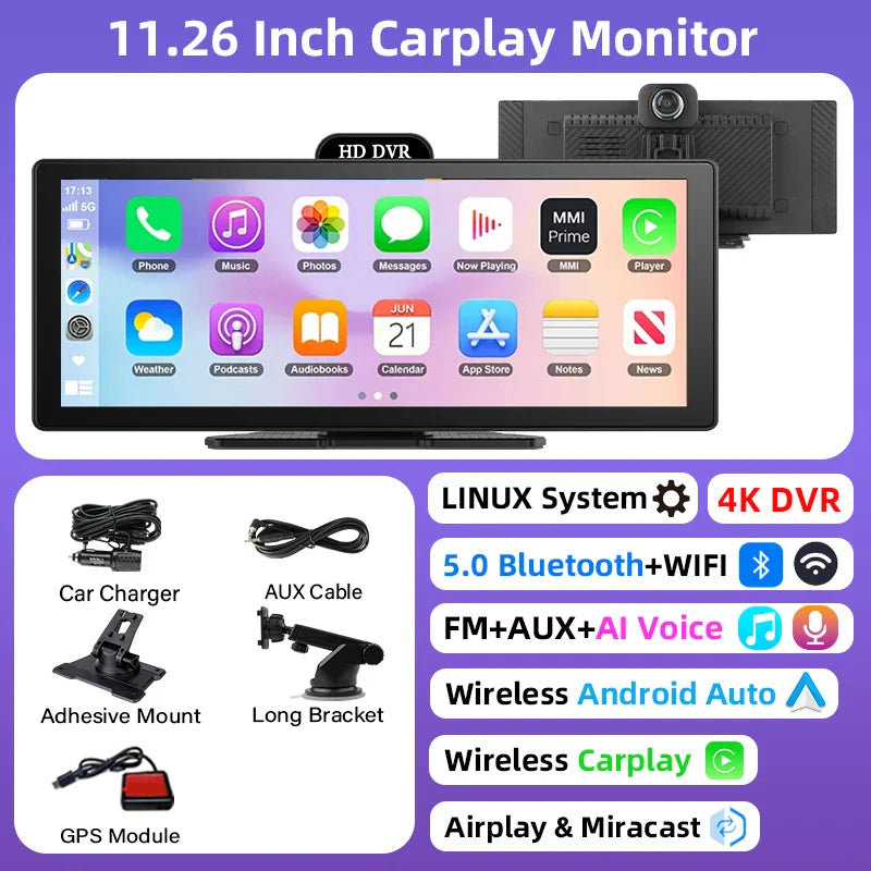 11.26-Inch 4K Dash Cam β Wireless CarPlay & Android Auto, Dual Lens DVR, Bluetooth Audio, GPS Navigation Video Recorder