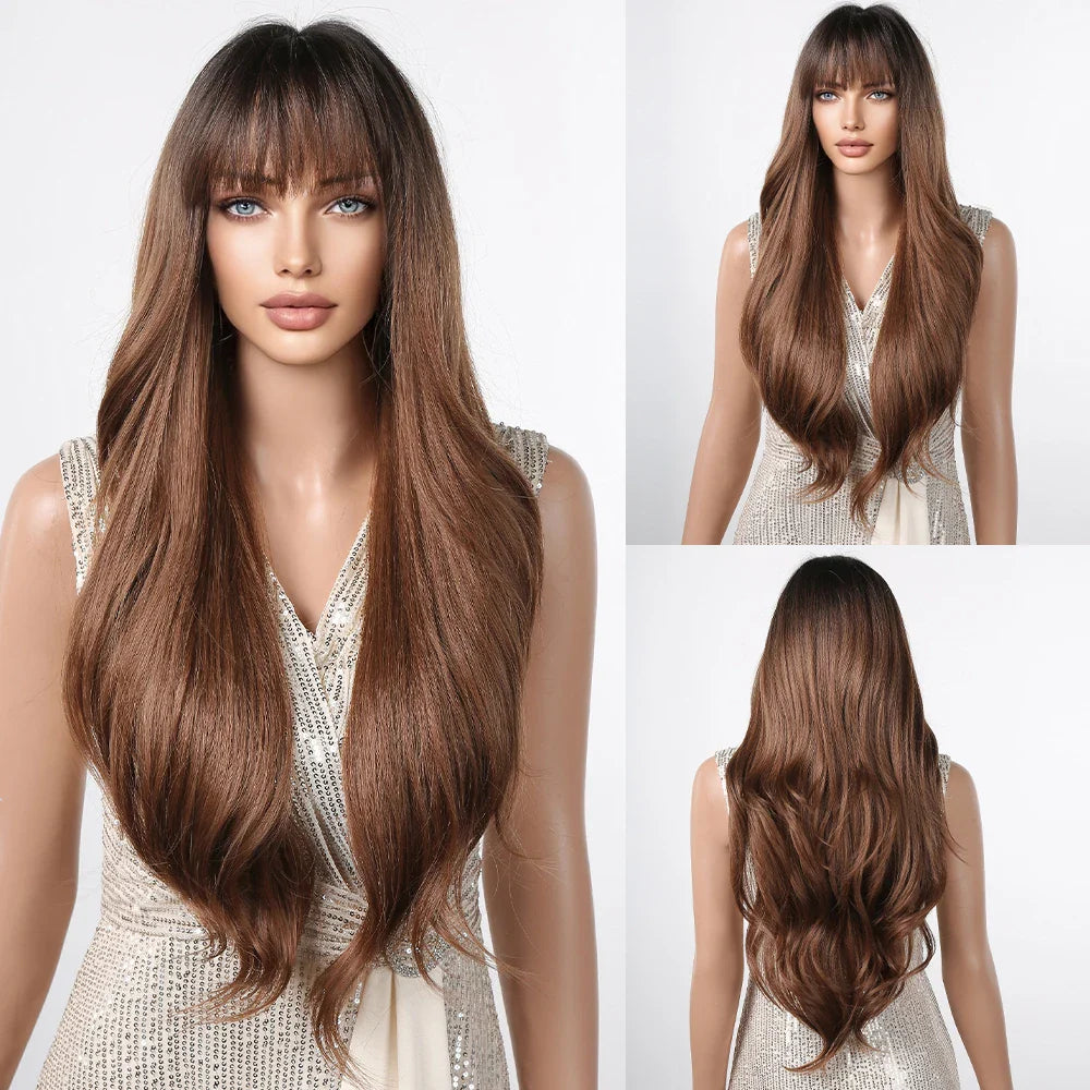 Ombre Honey Brown Long Synthetic Wig with Bangs — Wavy, Realistic, Soft, Heat-Resistant Hair for Daily & Party