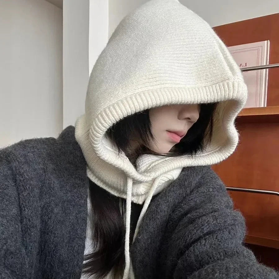 Knitted Hooded Balaclava Hats for Women – Korean Style Winter Outdoor Warmer, Drawstring Neck Collar Beanie Cap
