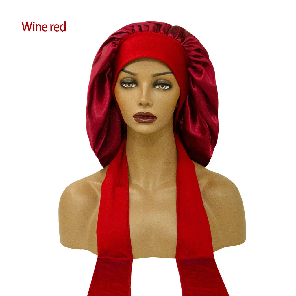 Satin Nightcap for Women - Wide Stretch, Extra-Large Long Tail, Shower Cap with Ribbon, Round Hat Hair Bonnet