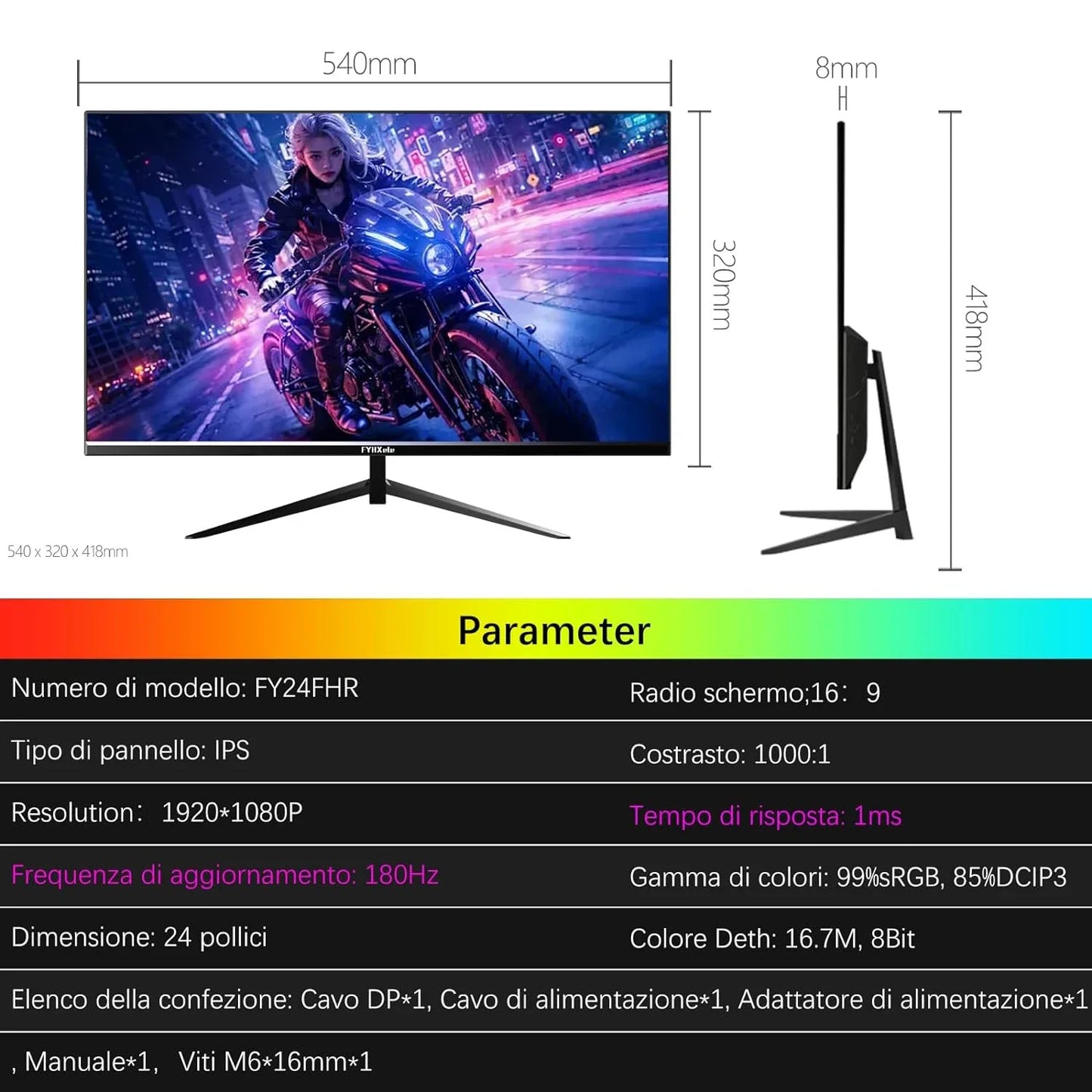 FYHXele 24" FHD Gaming Monitor – 180Hz, 1ms Response, Eye Care LCD, HDR, G-Sync Support, VESA Mount