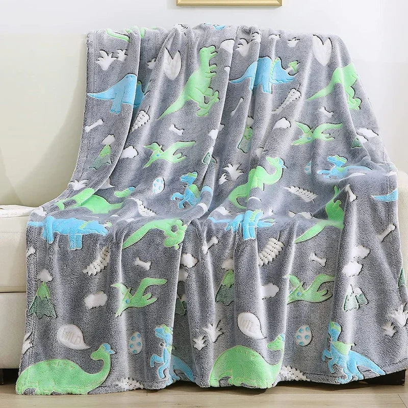 Luminous Unicorn & Dinosaur Plush Blanket – Glow-in-the-Dark Soft Flannel Throw for Boys & Girls, Christmas Gift