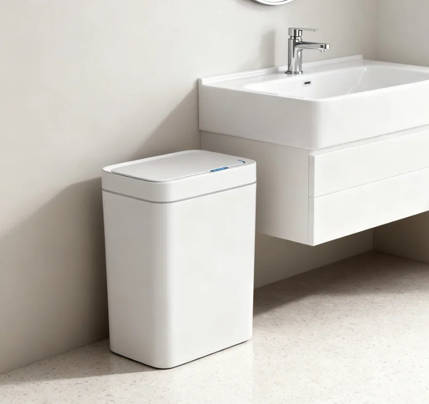 White 15L Touchless Smart Sensor Trash Can – Electronic Bathroom Garbage Bin with Auto Bagging, Smart Home Compatible