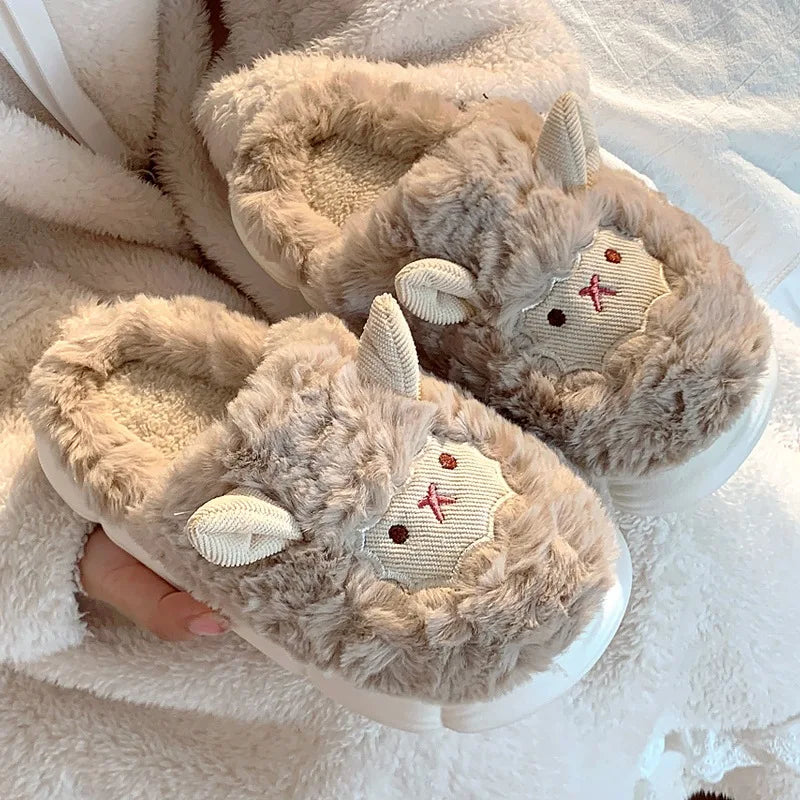 Unisex Sheep Fluffy Slippers – Cute Plush Non-Slip Cartoon Slides for Men & Women Winter House Shoes