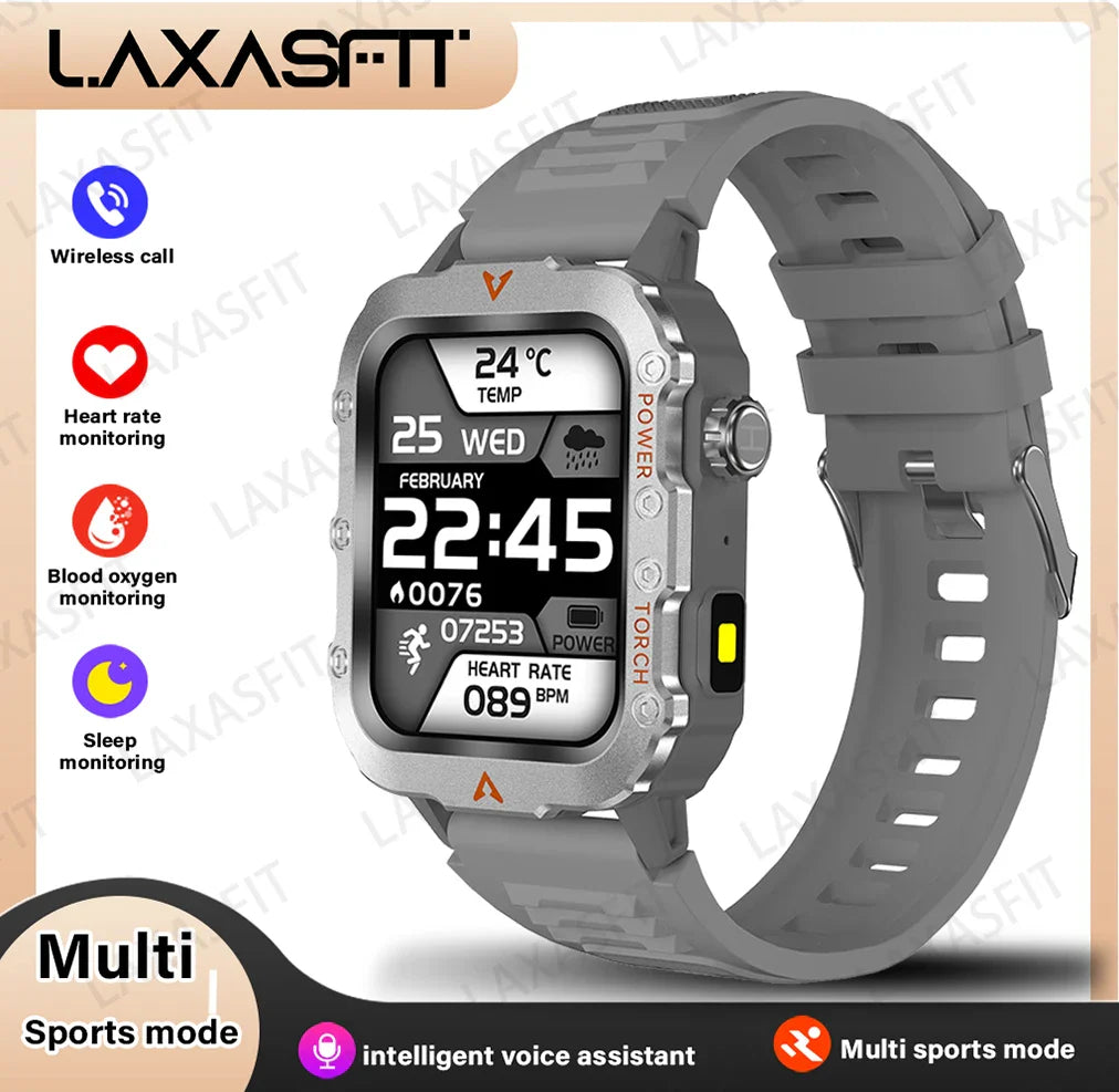 LAXASFIT Men’s Smart Watch – LED Flashlight, Outdoor Sports, Health Monitoring Wristwatch