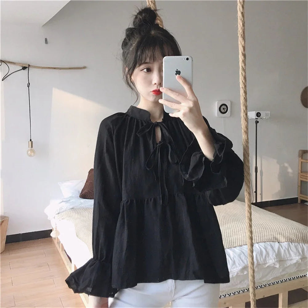 2024 Fashion Women’s Lace-Up Shirt – Flare Sleeve O-Collar Loose Blouse for Spring, Summer & Autumn
