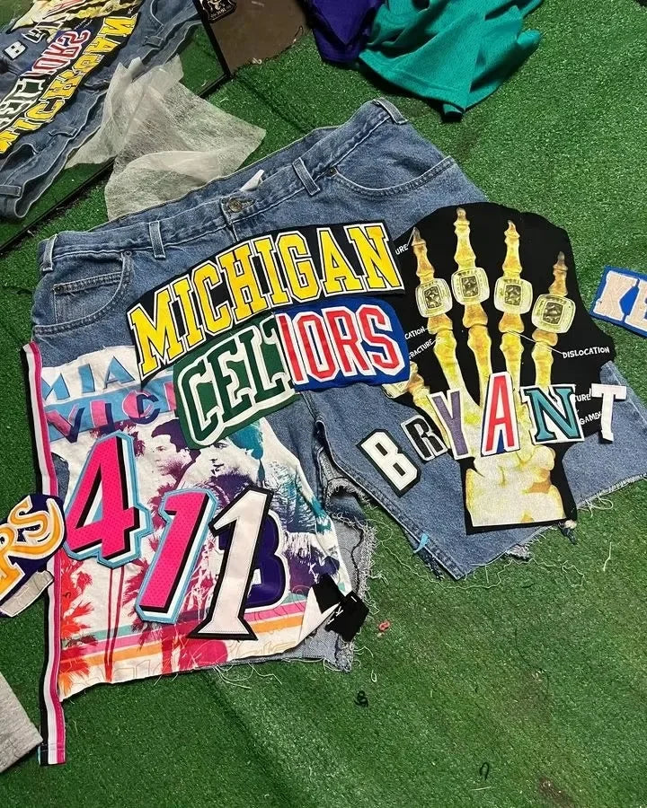 Unisex Y2K Rock Hip Hop Patchwork Denim Shorts – Retro Blue Baggy Cartoon Pattern Casual & Basketball Fitness Shorts