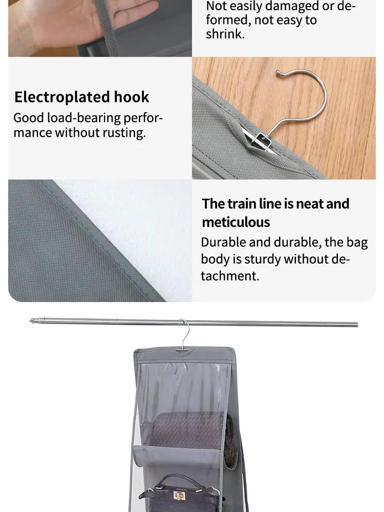 6-Pocket Hanging Handbag Organizer – Gray Waterproof Storage Bag with Hanger for Closet, Door & Wall