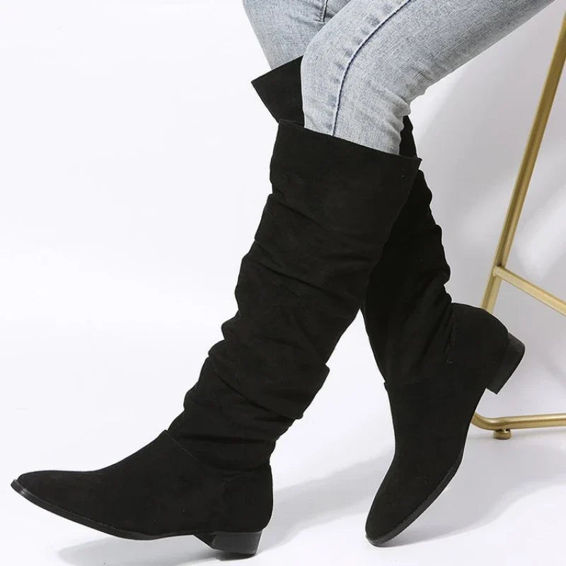 Women's Knee-High Winter Boots – Solid Color, Round Toe, Square Heel, Plus Size