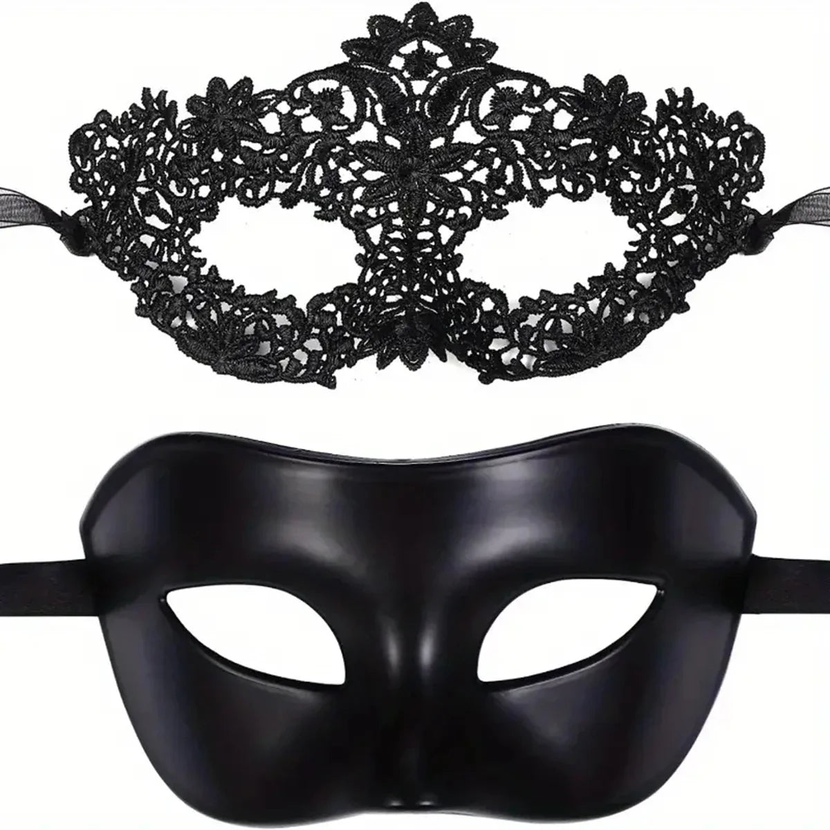 Black Lace Masquerade Mask Set - 2-Piece Elegant Venetian, Mardi Gras & Halloween Party Masks
