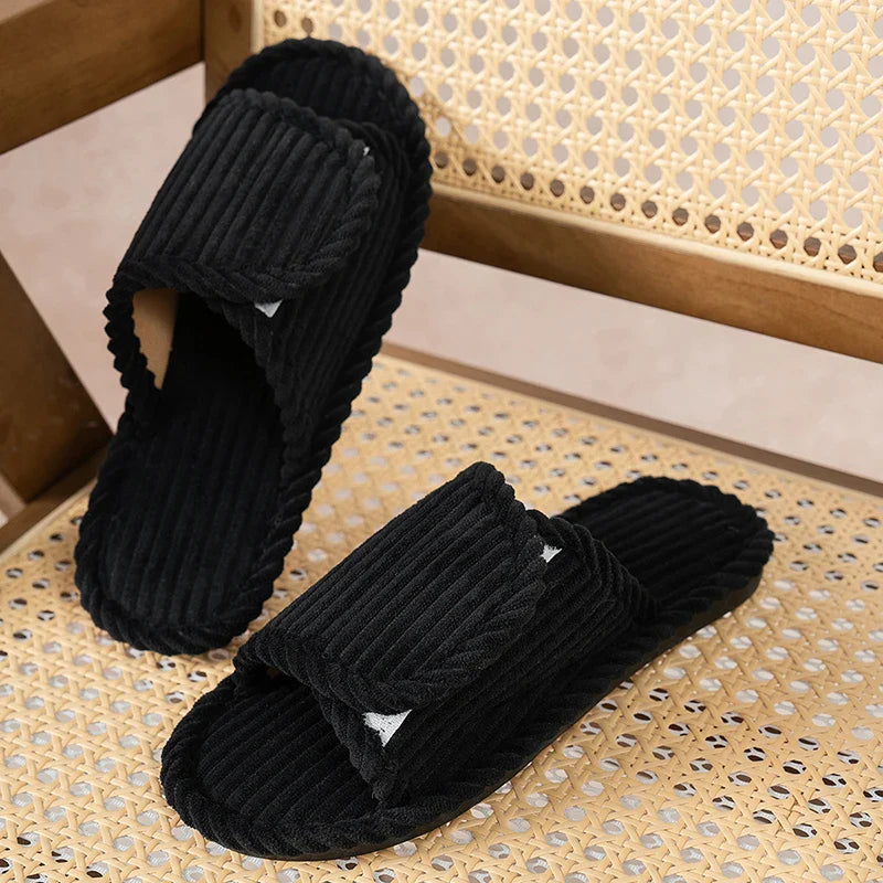 Women’s Corduroy Open Toe Flat Heel Home Slippers – Lightweight Non-Slip Indoor Bedroom Comfort Slides