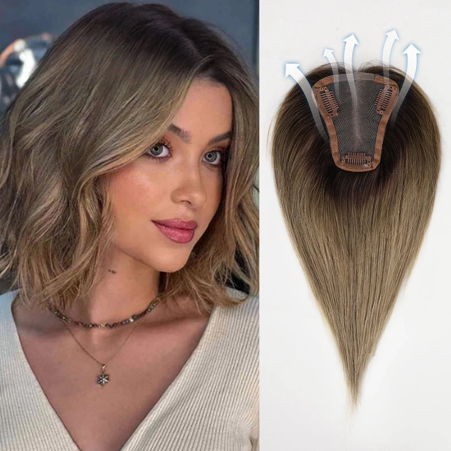 Blonde Brown Ombre Hair Topper – 100% Remy Human Hair, 12" Silk Base, 150% Density, 3-Clip Hairpiece for Women
