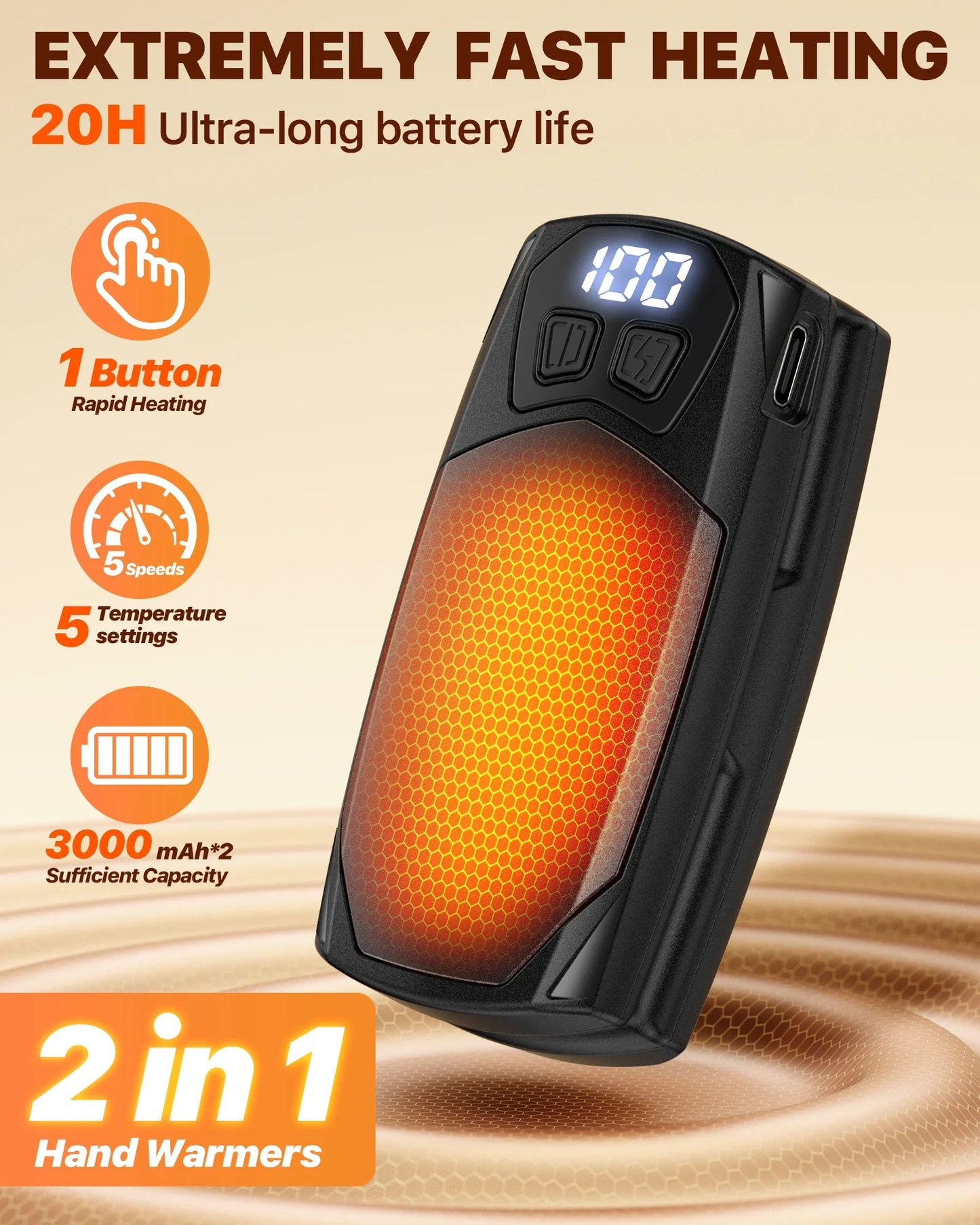 Rechargeable Hand Warmers 2-Pack – 3000mAh Each, Fast-Heating Portable Electric Pocket Heater for Outdoor Camping