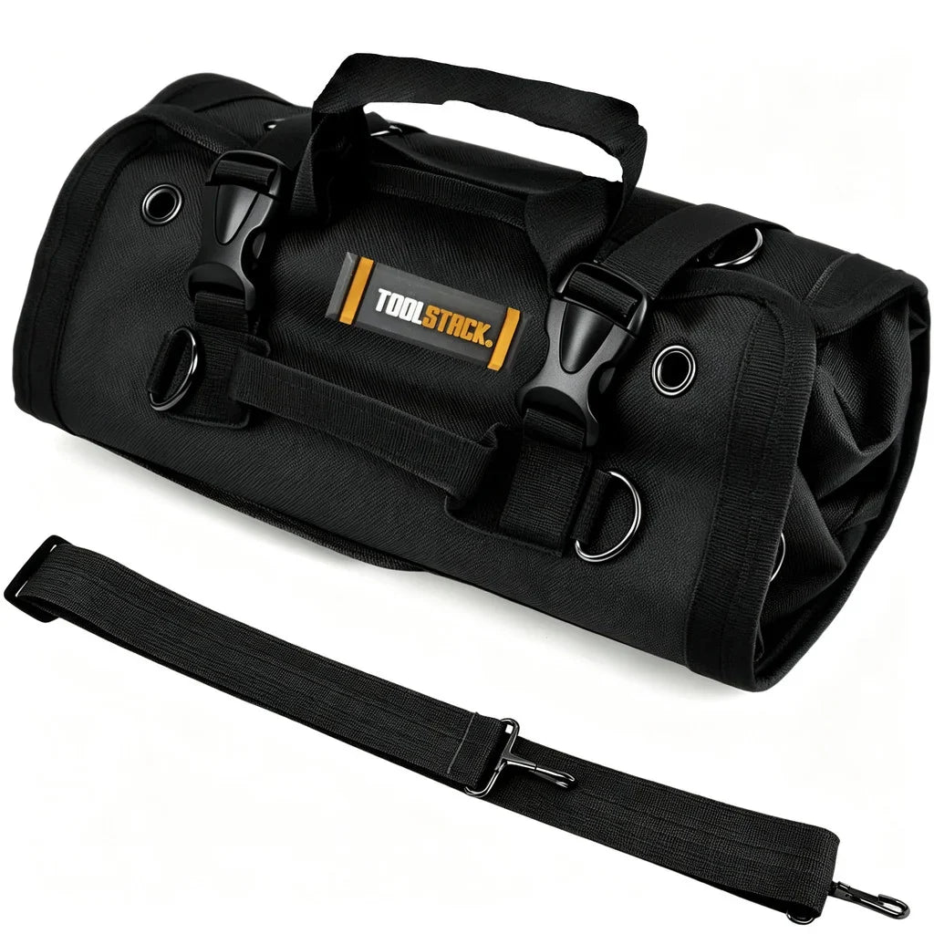 Toolstack Roll-Up Canvas Tool Bag - 4-Zipper Pocket Organizer with Hanging Strap for Hand Tools