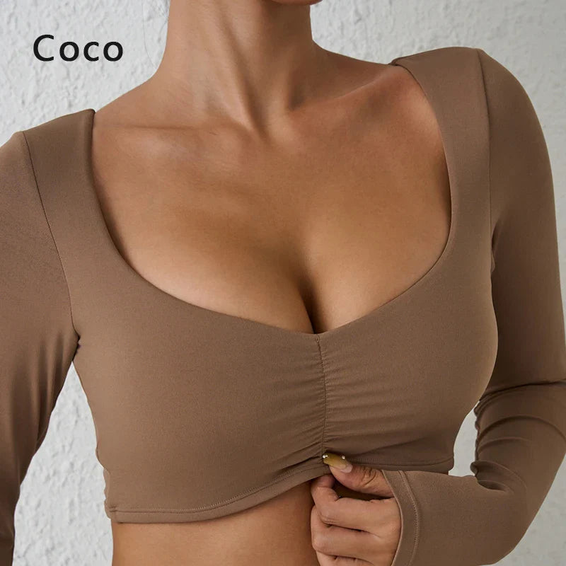 DIAS FIT JOY Women’s Nylon Gym Top – Long-Sleeve Pleated Yoga & Sports T-Shirt, Waist-Fitting Activewear