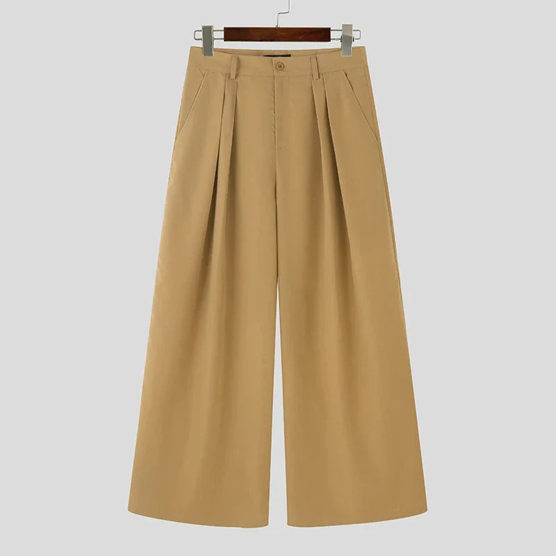 INCERUN Men Wide Leg Pants - Loose Pleated Casual Streetwear Button Trousers S-5XL