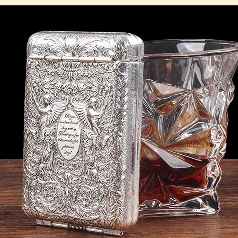 Retro Carved Cigarette Case - Luxury Metal Pocket Tobacco Storage Box for 14 Cigarettes, Smoking Accessory Holder
