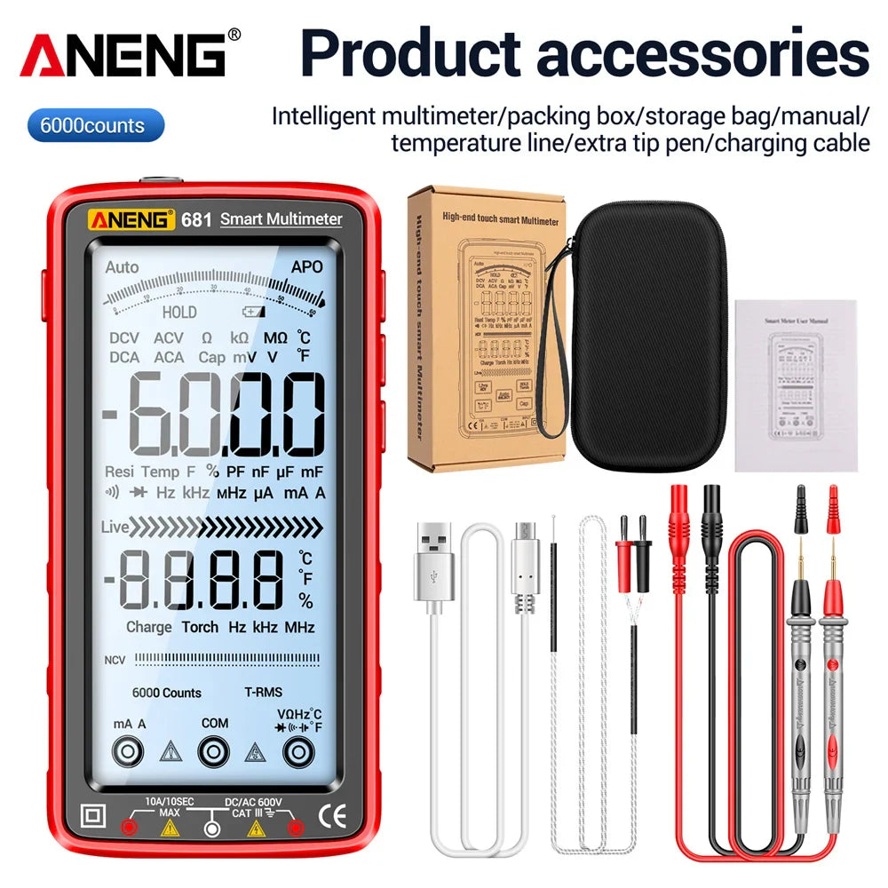 ANENG 681 Rechargeable Digital Multimeter — Professional Non-Contact AC/DC Voltage & Current Tester with LCD Screen
