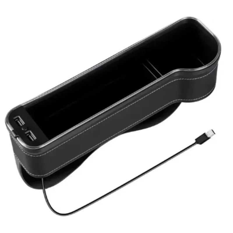 Car Crevice Storage Box with 2 USB Chargers & LED Light – Seat Gap Organizer for Phone, Cards, Bottles, and Cups