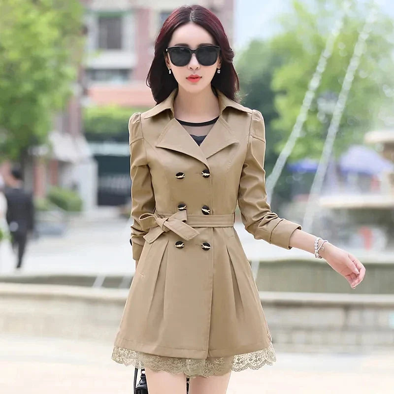 2025 Spring Autumn Women’s Slim Lace Trench Coat – Fashion Mid-Length Double-Breasted Windbreaker Outerwear
