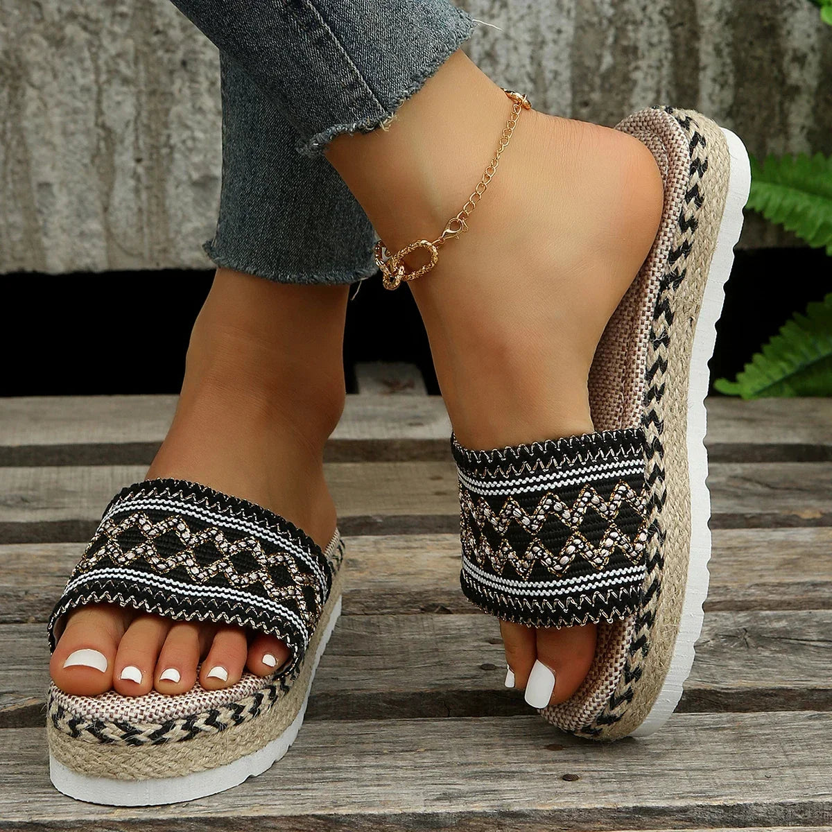 Bohemian Weave Women's Platform Slippers – Handmade Espadrille Sandals, Summer 2023 Beach & Casual Heels