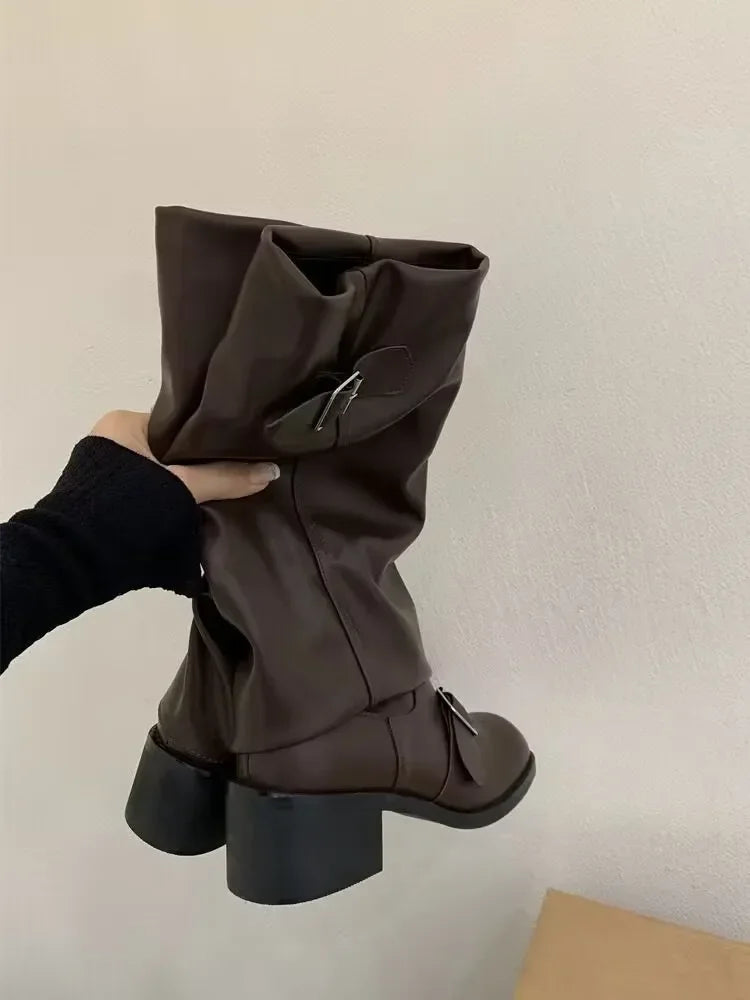 Women’s Knee High Platform Boots - Chunky Heel Punk Gothic Leather Motorcycle Shoes