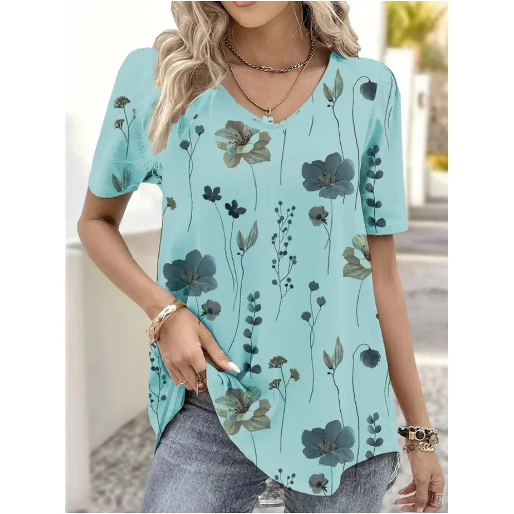 Women's 3D Flower Print V-Neck T-Shirt - Oversized Kawaii Summer Casual Blouse Top Fashion Clothing