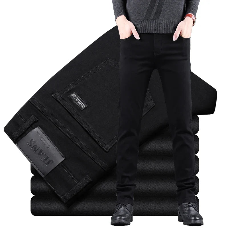Men’s Spring Autumn Slim Black Jeans — Elastic Straight Korean Vintage Denim Pants for Business & Casual Wear