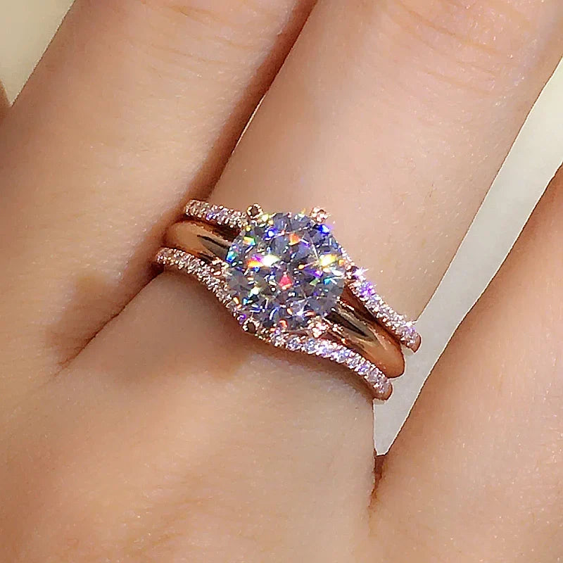 Huitan Rose Gold Cubic Zirconia Ring - Classic 6 Claw Solitaire Engagement Wedding Band Jewelry for Women
