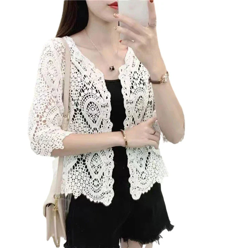 Women’s Knitted Lace Shrug – Boho Hollow Crochet Floral 3/4 Sleeves, Open Front Cropped Cardigan, Elegant Mesh Sweater Cover-Up