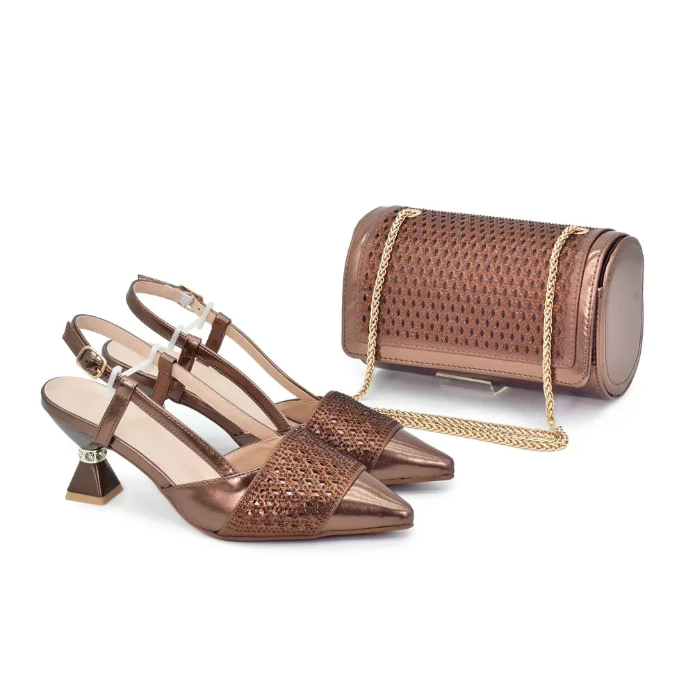 Women's Rhinestone Heeled Shoe & Bag Set - Elegant Nigerian Italian Party Pumps with Matching Bags